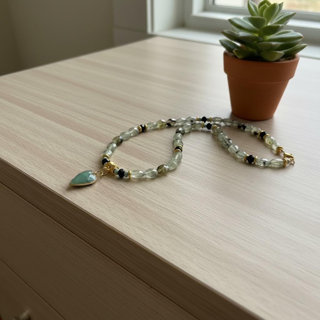 Green Prehnite Quartz Necklace, Amazonite Heart Pendant, 18 Inch Gemstone Necklace, Sage Green Beaded Statement, Bridal Gift