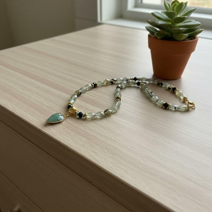 Green Prehnite Quartz Necklace, Amazonite Heart Pendant, 18 Inch Gemstone Necklace, Sage Green Beaded Statement, Bridal Gift