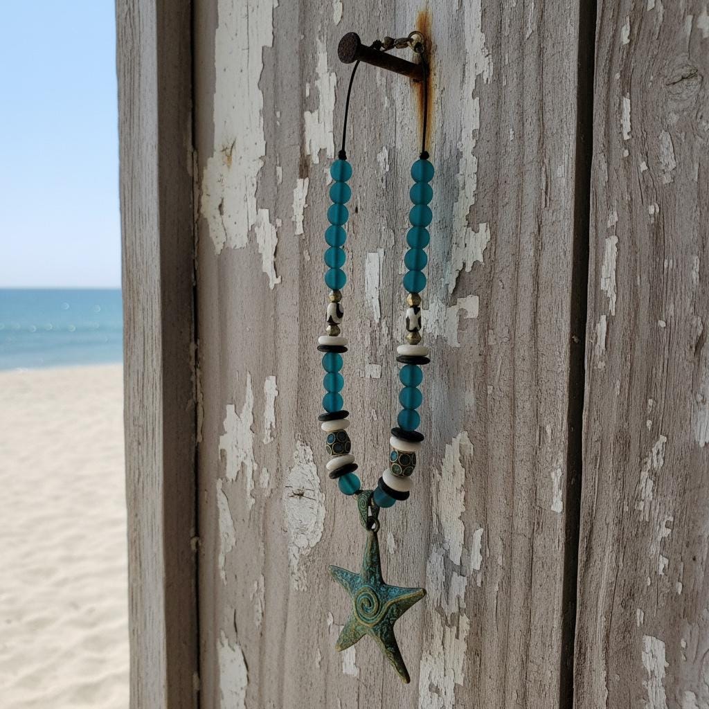 Handmade Turquoise Starfish Pendant Necklace, Peacock Blue Recycled Glass, Tribal Boho Style