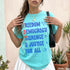 Aqua t-shirt with "FREEDOM DEMOCRACY TOLERANCE & JUSTICE FOR ALL" text.