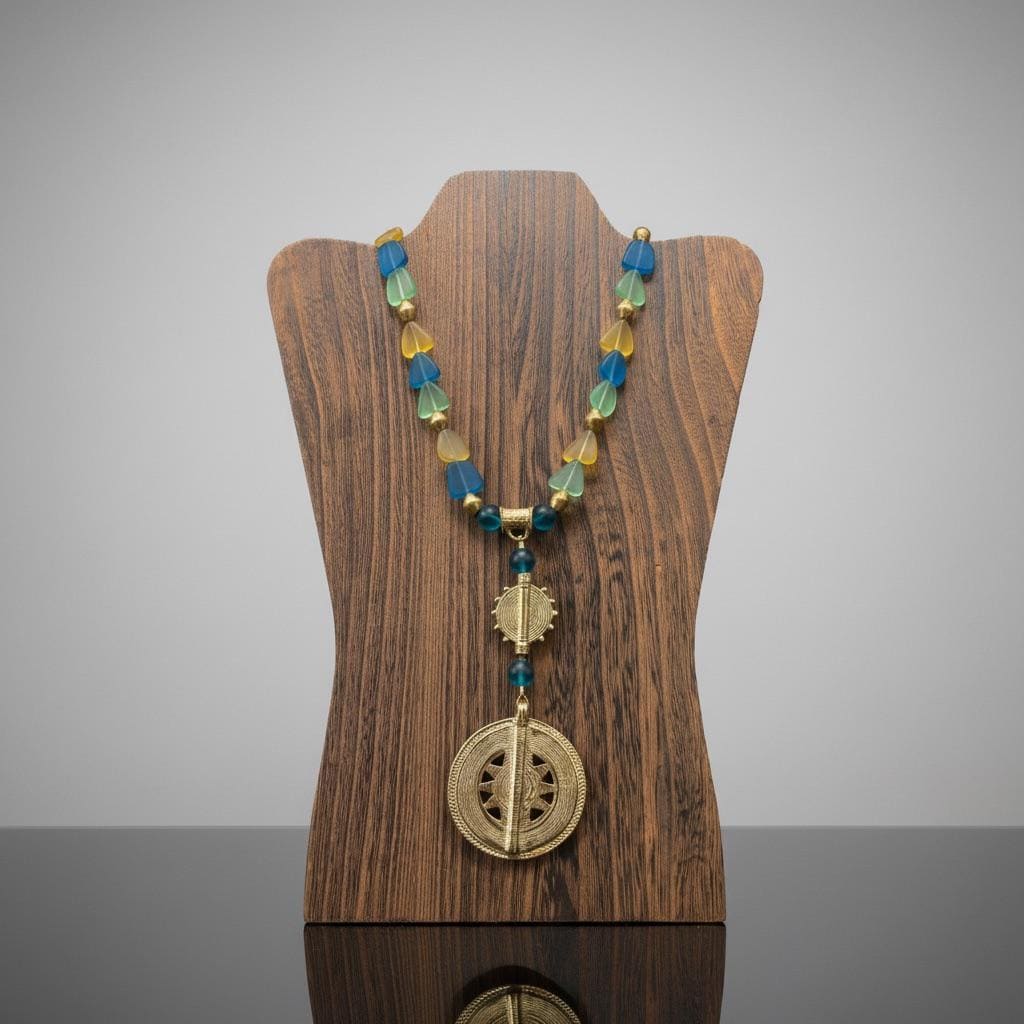 Handmade Sea Glass Tribal Necklace, Brass Sun Disc Pendant, Peacock Blue Gold