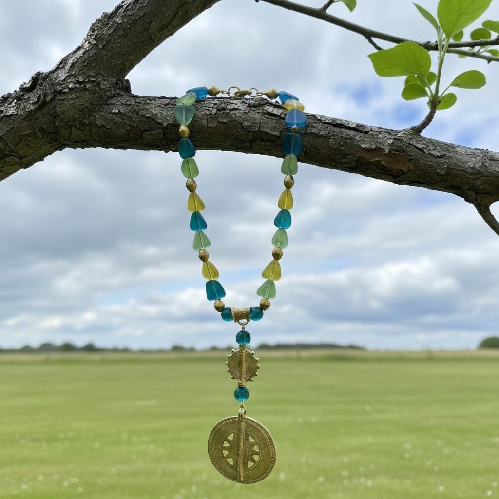 Handmade Sea Glass Tribal Necklace, Brass Sun Disc Pendant, Peacock Blue Gold