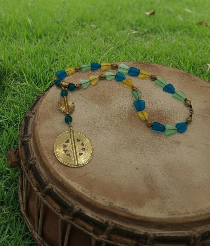 Handmade Sea Glass Tribal Necklace, Brass Sun Disc Pendant, Peacock Blue Gold
