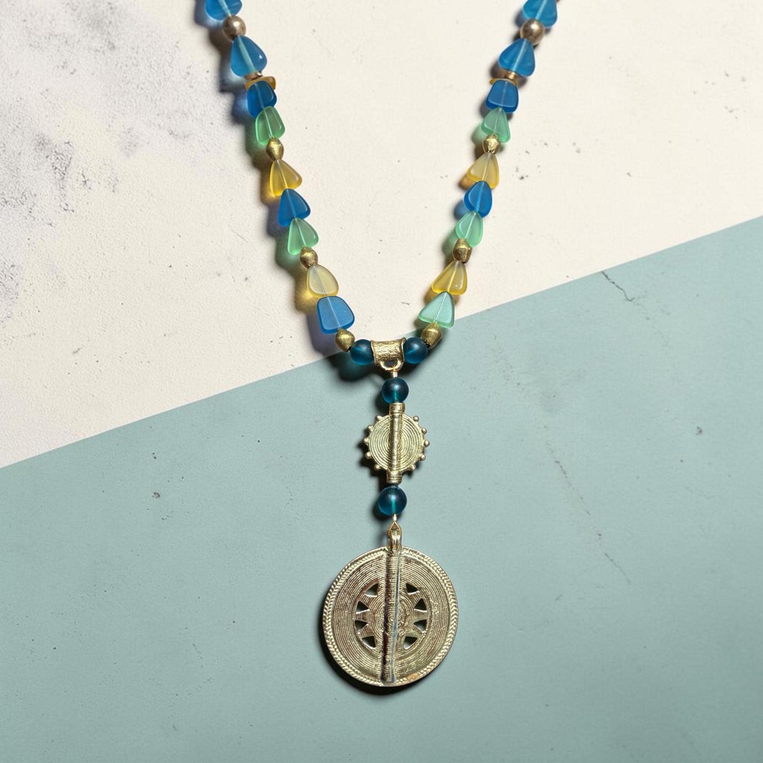 Handmade Sea Glass Tribal Necklace, Brass Sun Disc Pendant, Peacock Blue Gold
