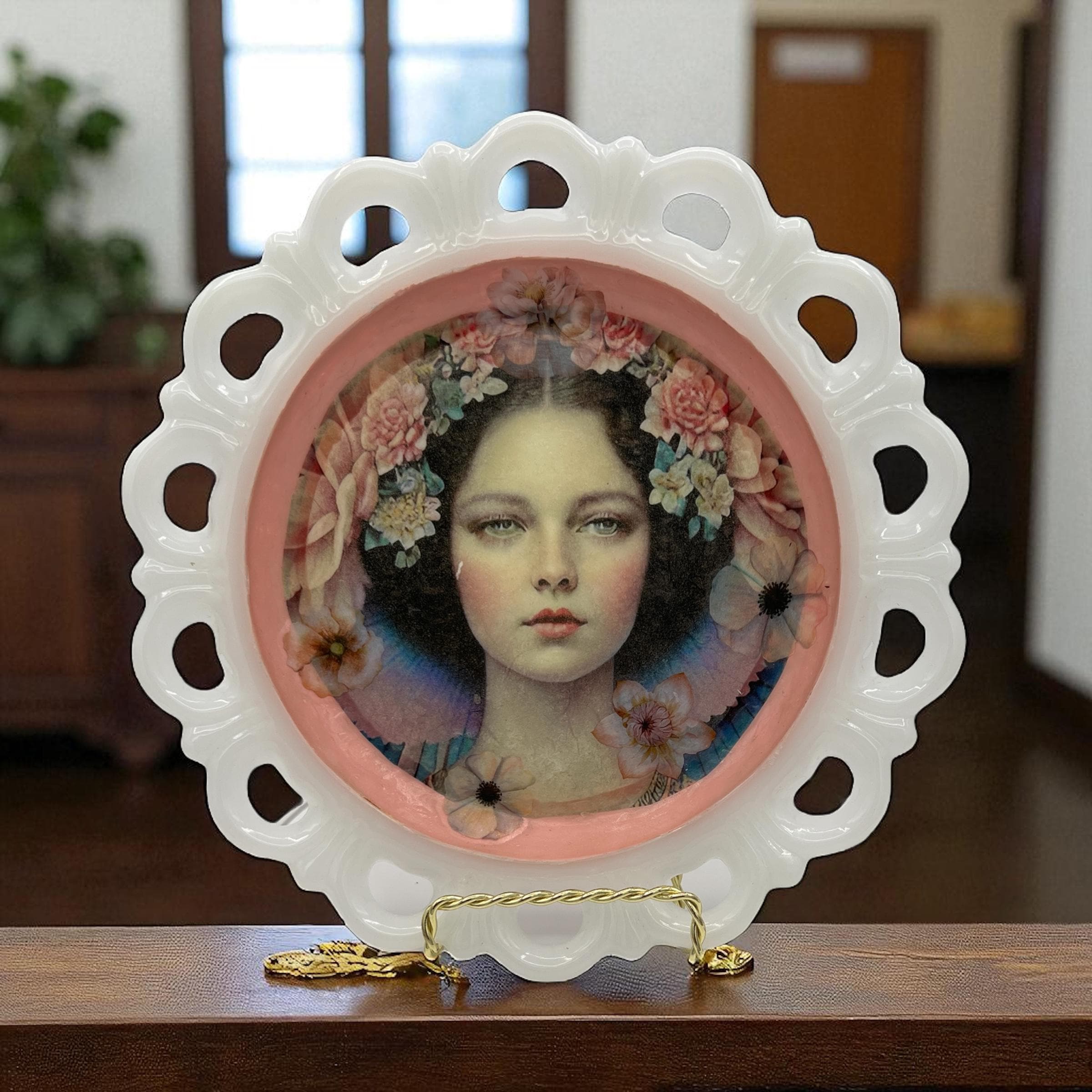 Vintage Milk Glass Scalloped Tray, Decoupage Flower Girl Art, Pink Blossom Vanity Dish