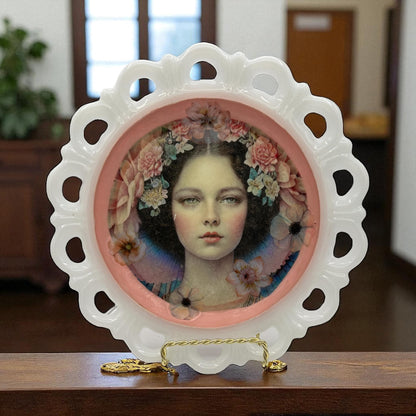 Vintage Milk Glass Scalloped Tray, Decoupage Flower Girl Art, Pink Blossom Vanity Dish