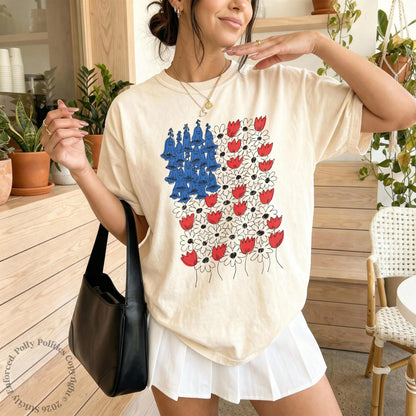 Fourth of July Foxglove Daisy Tulip T-Shirt | No Words Subtle F Trump Americana Tee | Anti Trump FDT USA 250 Birthday Anniversary Shirt