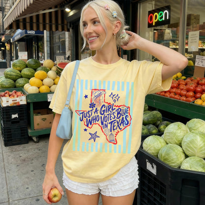 Yellow t-shirt with &amp;quot;Just a Girl Who Votes Blue&amp;quot; and Texas graphic.