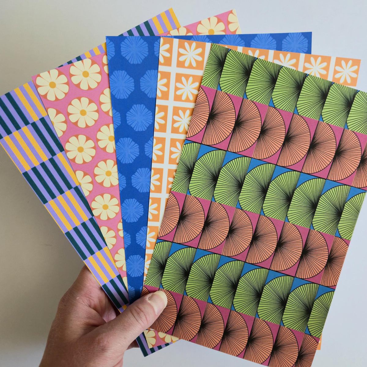 Retro-Inspired Geometric &amp; Floral Mystery Paper Bundle, Varied Scrapbook Junk Journal Pages 5.5x8.5, 4.25x5.5