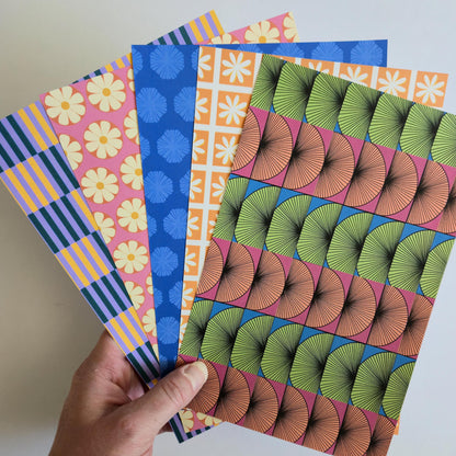 Retro-Inspired Geometric &amp; Floral Mystery Paper Bundle, Varied Scrapbook Junk Journal Pages 5.5x8.5, 4.25x5.5