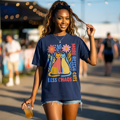 Navy t-shirt with &amp;quot;More Rescue Cats Less Chaos&amp;quot; and colorful cat illustration.