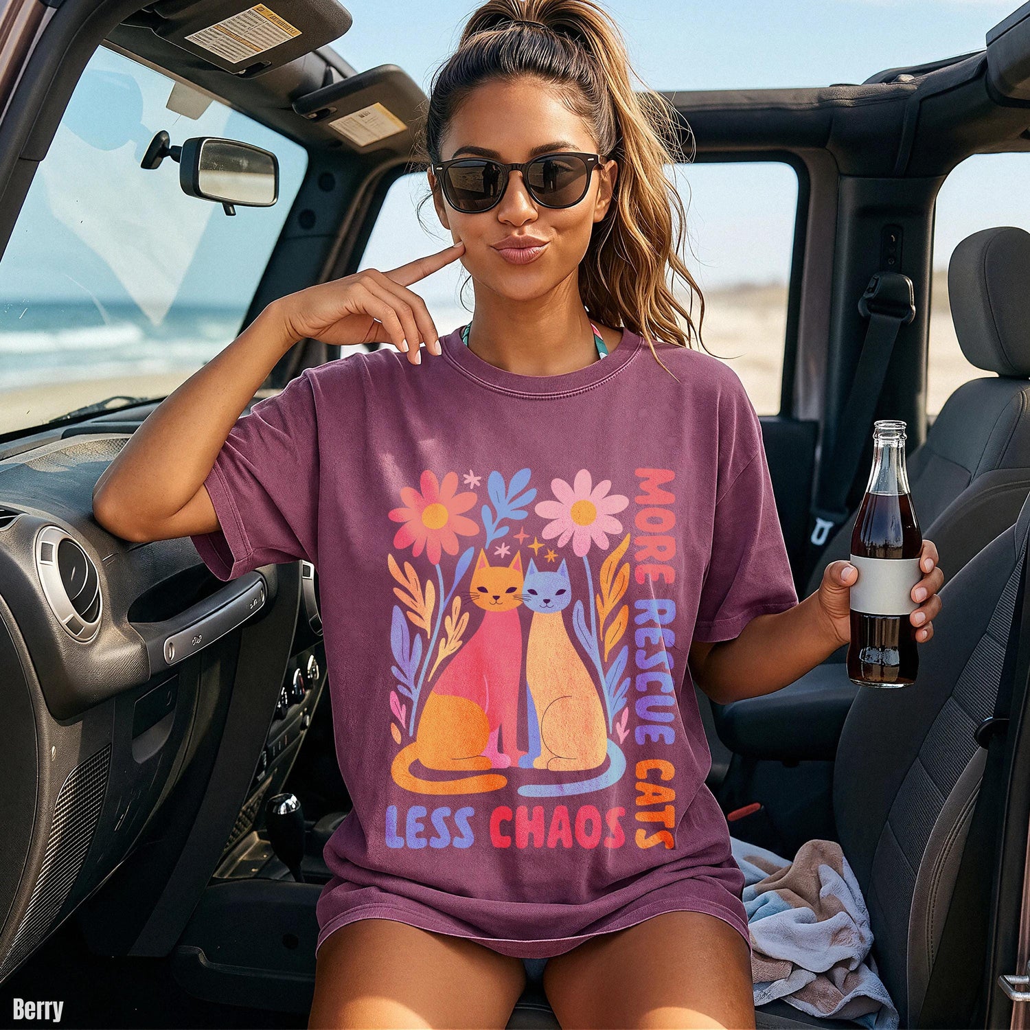 T-shirt with cats, flowers, and text &amp;quot;MORE RESCUE CATS LESS CHAOS&amp;quot;