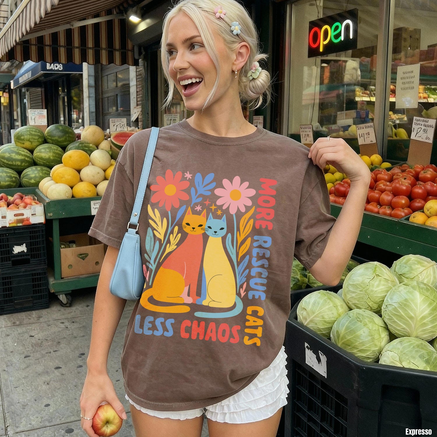 T-shirt with colorful cats and &amp;quot;More Rescue Cats, Less Chaos&amp;quot; text.