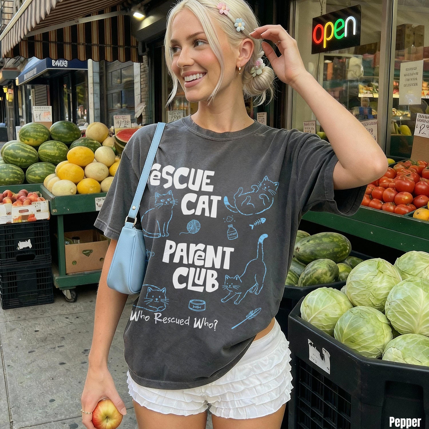 Dark grey t-shirt with &amp;quot;RESCUE CAT PARENT CLUB&amp;quot; and cat graphics.