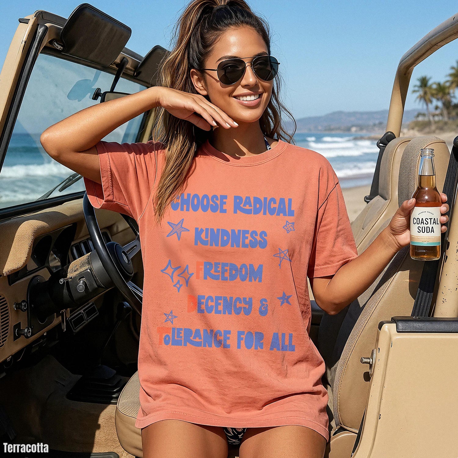 Terracotta t-shirt with &amp;quot;CHOOSE RADICAL KINDNESS FREEDOM TOLERANCE FOR ALL&amp;quot; text.