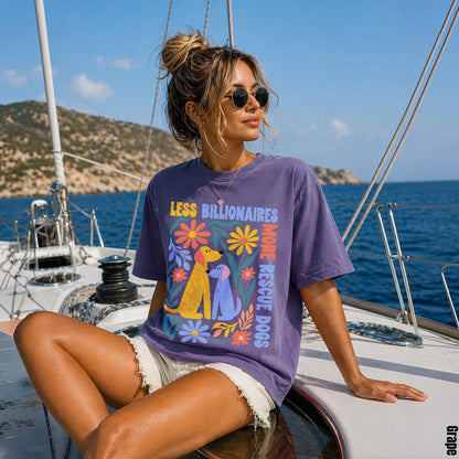 Woman wearing purple t-shirt with dog and flower graphic, on a sailboat.