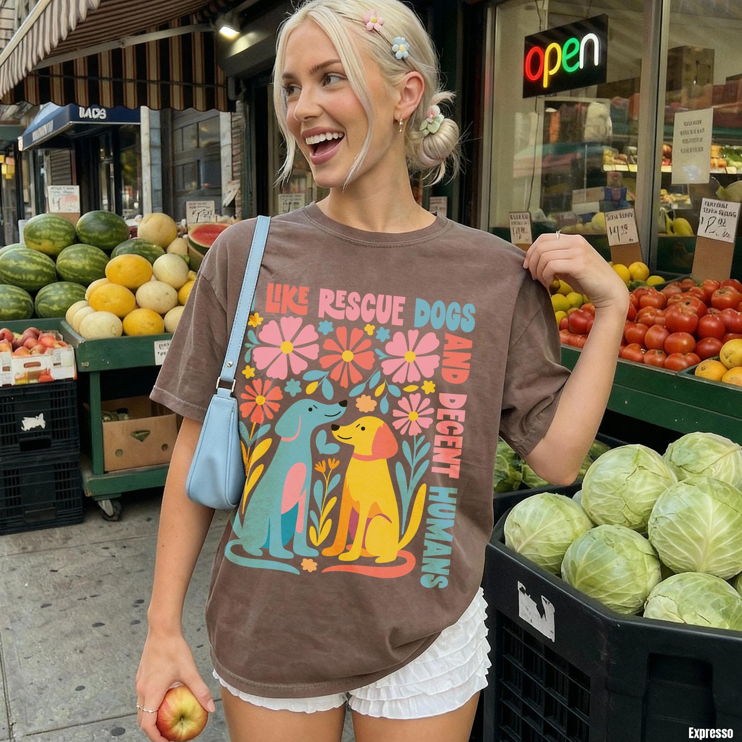 Brown t-shirt with &amp;quot;Like Rescue Dogs And Decent Humans&amp;quot; text and two dogs.
