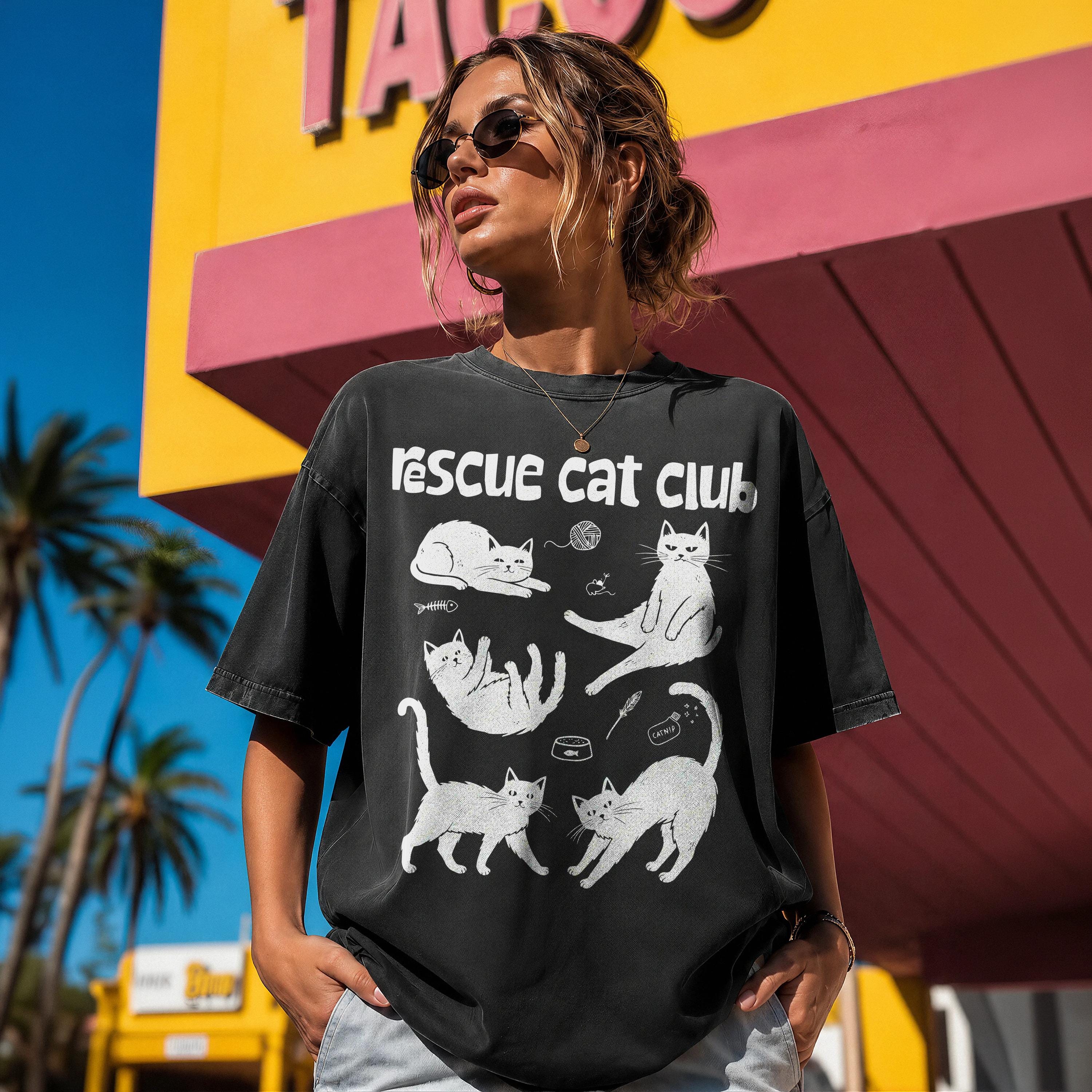 Black t-shirt with &amp;quot;Rescue Cat Club&amp;quot; and five illustrated cats.