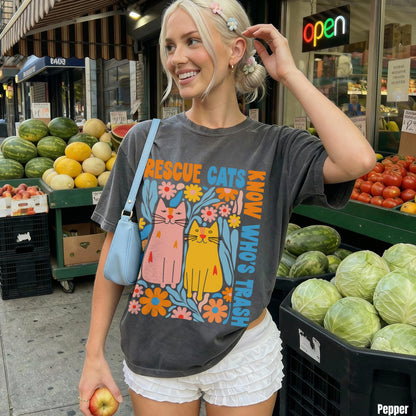 Dark grey t-shirt with colorful cat graphic and &amp;quot;RESCUE CATS KNOW WHO&amp;