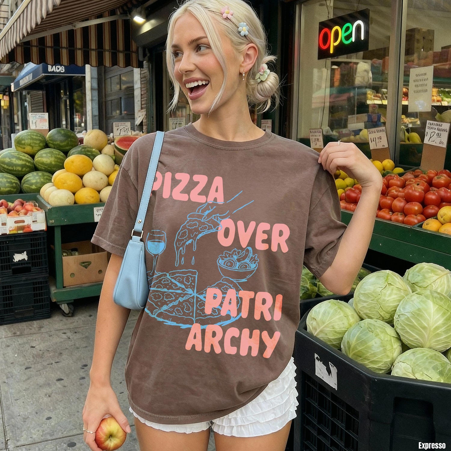 Brown graphic tee with pink text &amp;quot;PIZZA OVER PATRIARCHY&amp;quot; and pizza illustrations.
