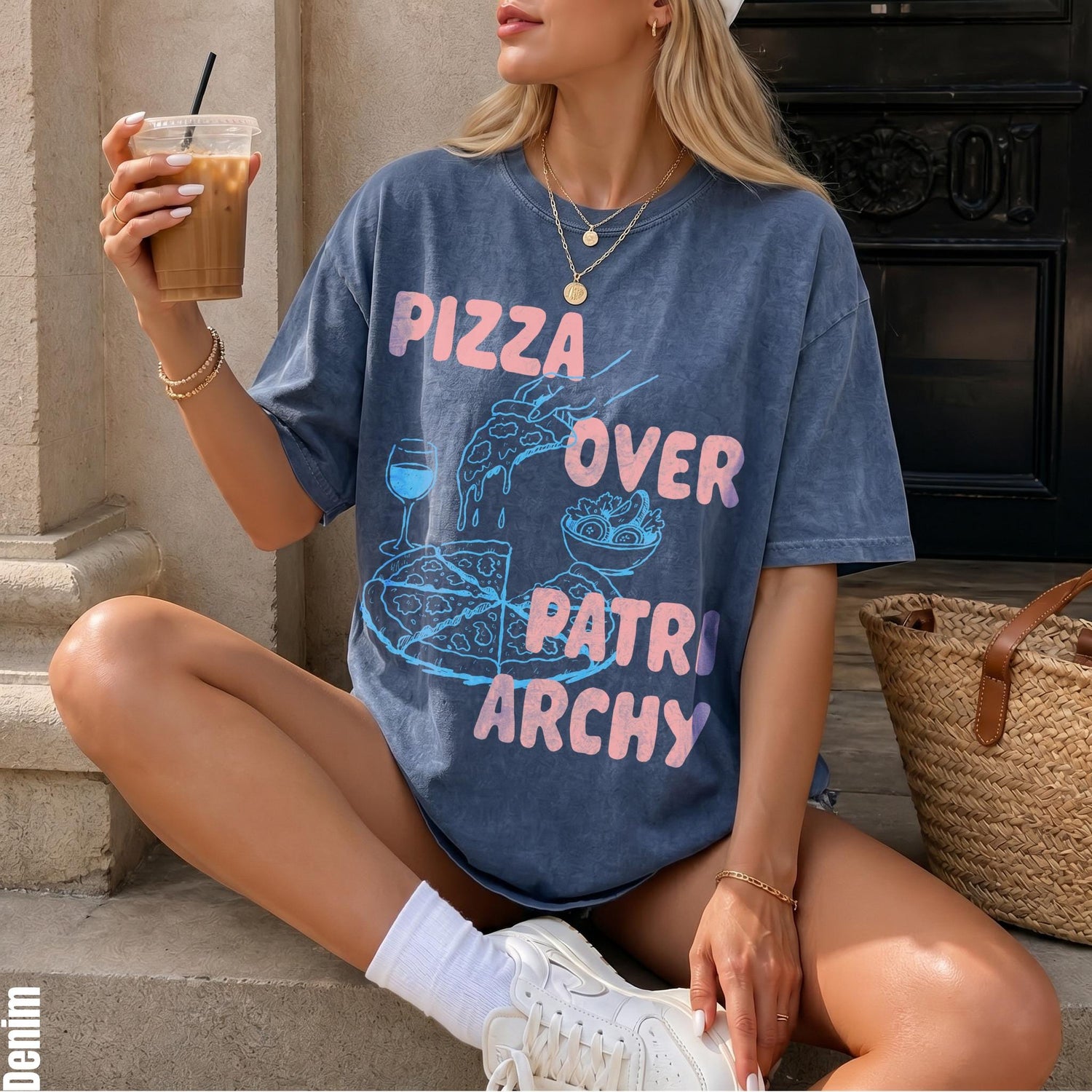 T-shirt with &amp;quot;Pizza Over Patriarchy&amp;quot; text in pink and blue, featuring a pizza graphic.