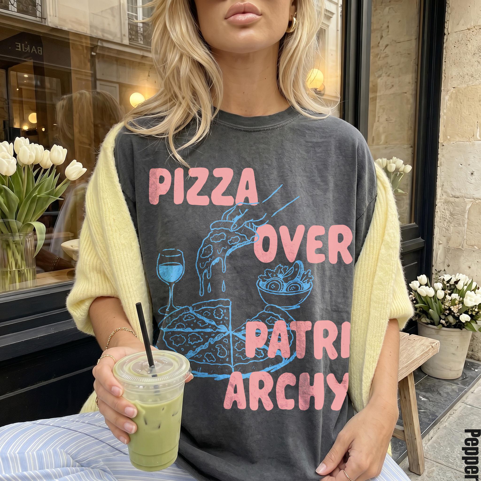 Dark grey t-shirt with &amp;quot;Pizza Over Patriarchy&amp;quot; text, pizza, wine, and salad graphics.