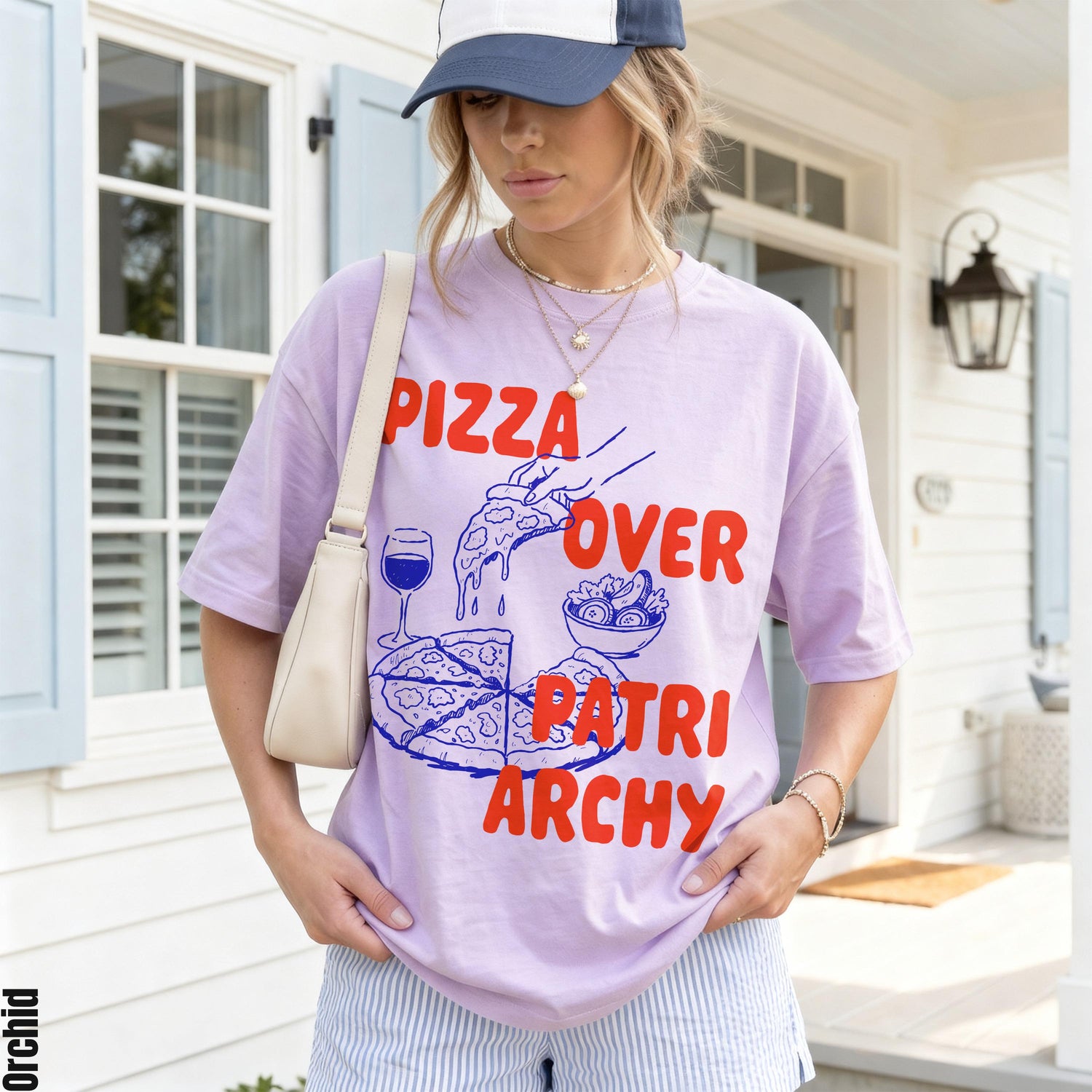 Light purple t-shirt with &amp;quot;Pizza Over Patriarchy&amp;quot; graphic and casual outfit.