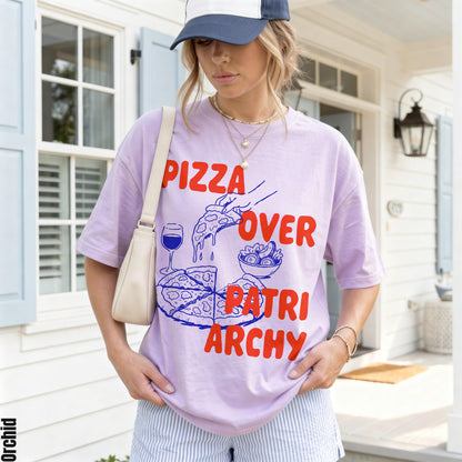 Light purple t-shirt with &amp;quot;Pizza Over Patriarchy&amp;quot; graphic and casual outfit.