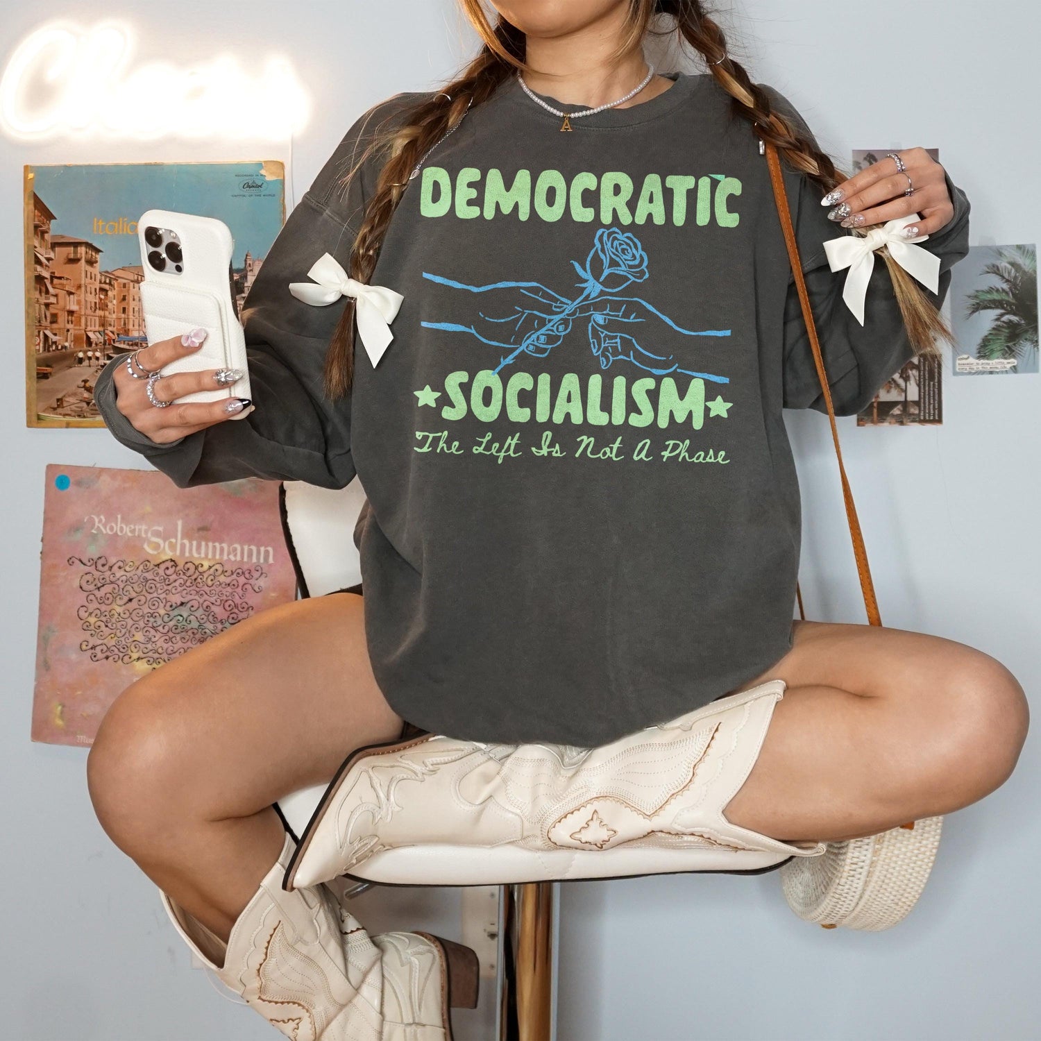 Crewneck sweatshirt with &amp;quot;Democratic Socialism&amp;quot; graphic and political slogan.