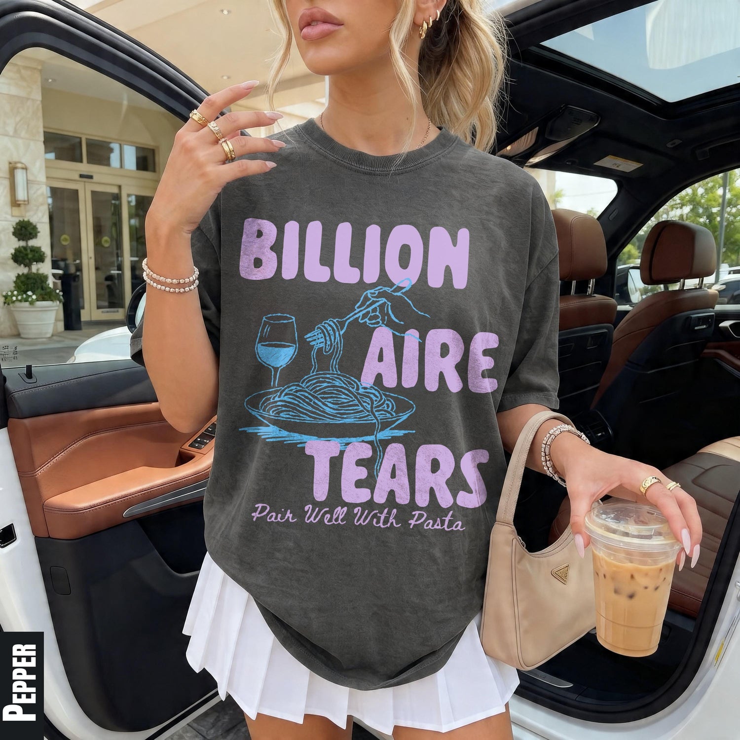 Dark grey t-shirt with &amp;quot;BILLION AIRE TEARS Pair Well With Pasta&amp;quot; text and pasta graphic.
