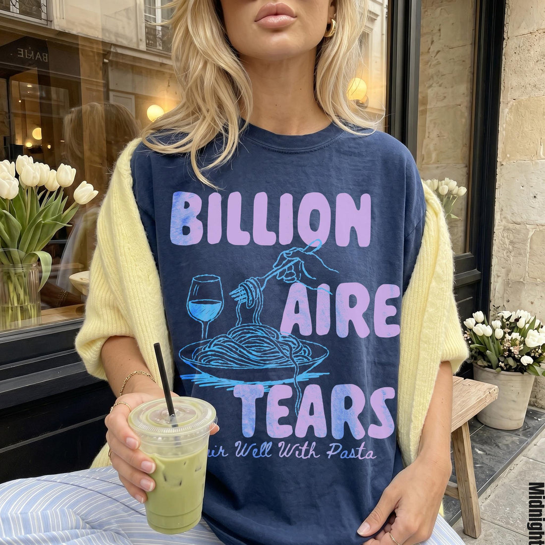 Navy t-shirt with &amp;quot;Billionaire Tears&amp;quot; and pasta graphic, &amp;quot;Midnight&amp;quot; text also visible.