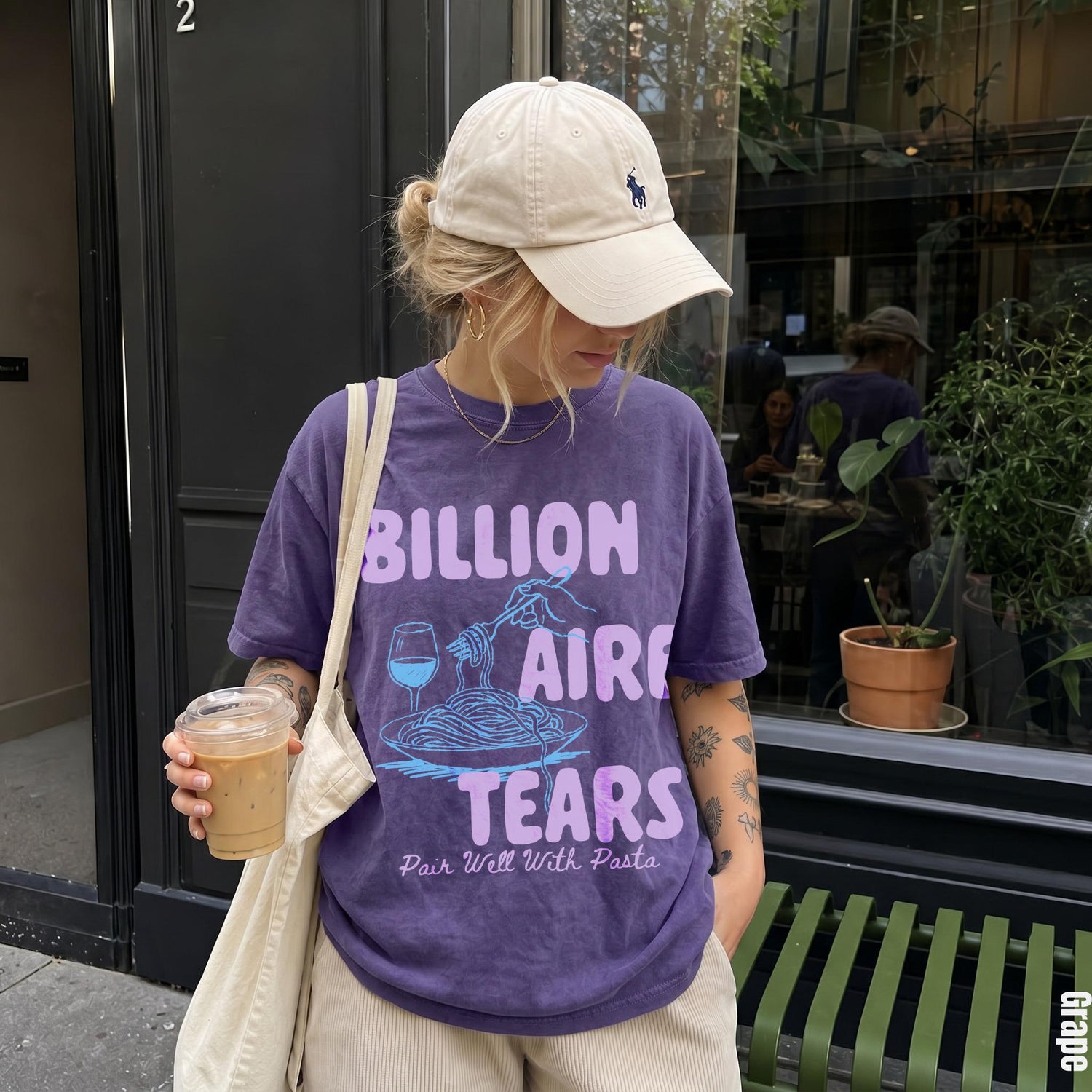 Purple t-shirt with &amp;quot;Billionaire Tears&amp;quot; text and pasta graphic.