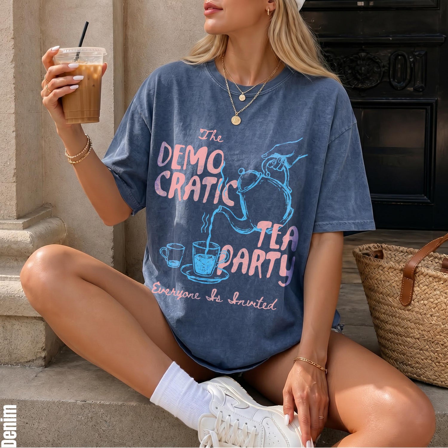Blue t-shirt with &amp;quot;The DEMO CRATIC TEA PARTY Everyone Is Invited&amp;quot; graphic.