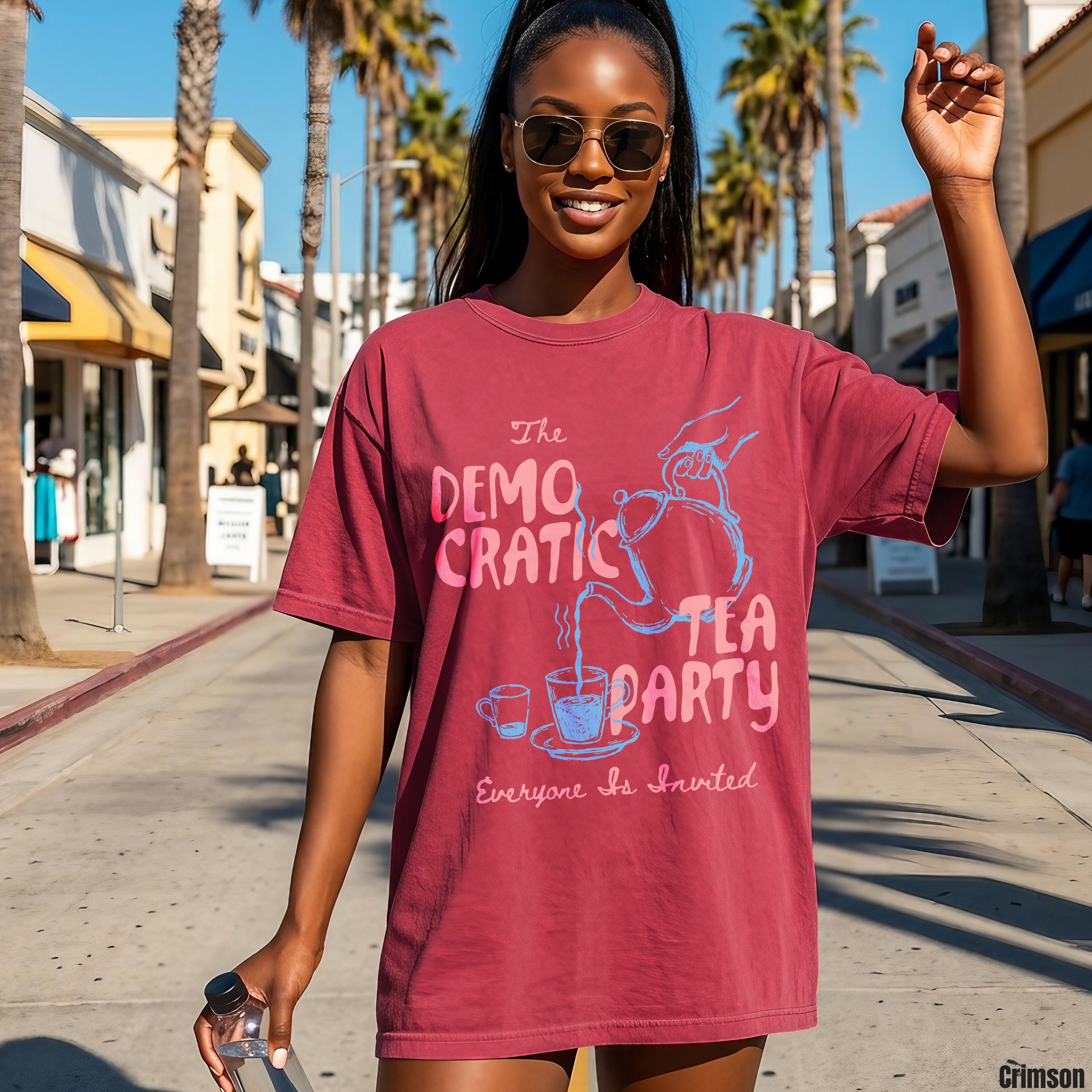 Maroon t-shirt with &amp;quot;The Democratic Tea Party Everyone is Invited&amp;quot; text and teapot graphic.