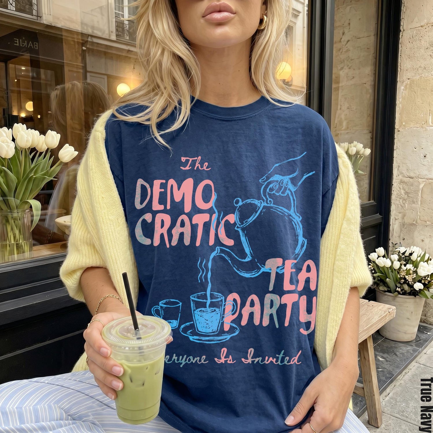 Navy t-shirt with &amp;quot;The Democratic Tea Party&amp;quot; graphic and &amp;quot;Everyone Is Invited&amp;quot; text.