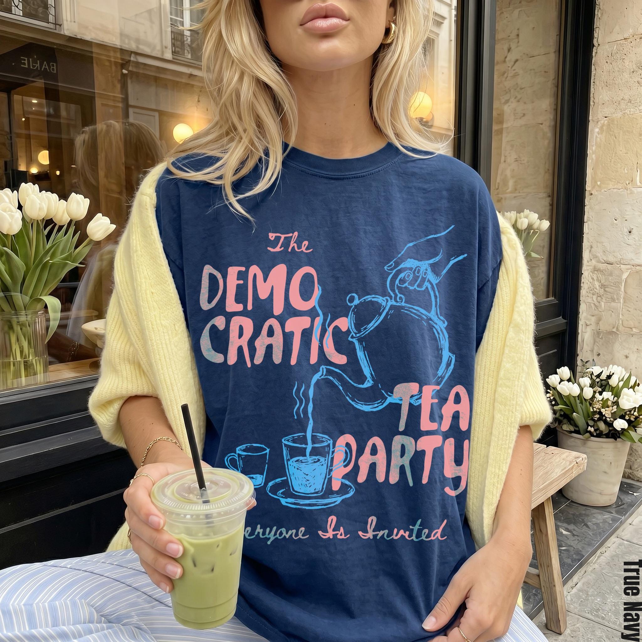 Navy t-shirt with &amp;quot;The Democratic Tea Party&amp;quot; graphic and &amp;quot;Everyone Is Invited&amp;quot; text.