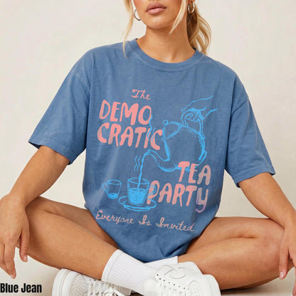 Blue t-shirt with &amp;quot;The Democratic Tea Party, Everyone Is Invited&amp;quot; text and graphic.