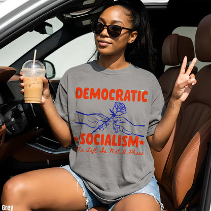 Grey t-shirt with &amp;quot;DEMOCRATIC SOCIALISM&amp;quot; text and rose graphic.