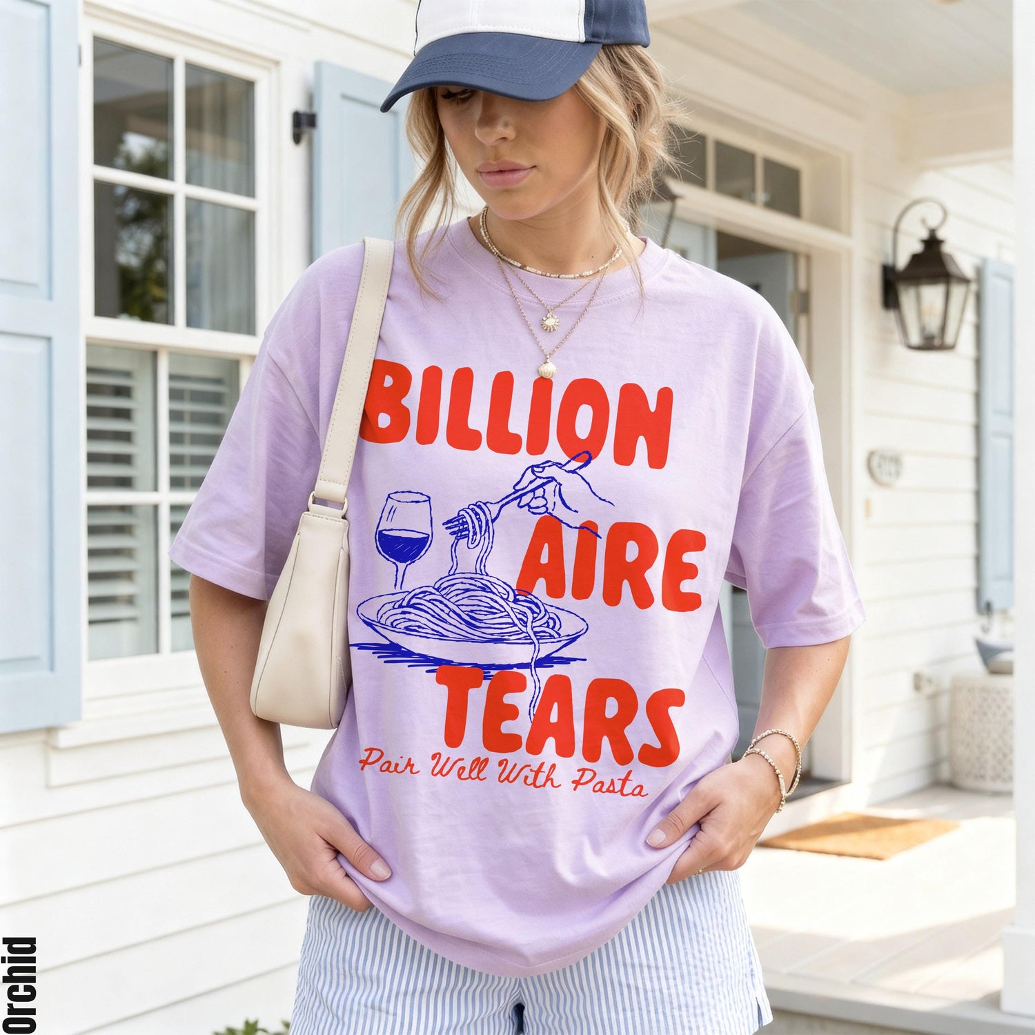 Lavender t-shirt with &amp;quot;Billionaire Tears Pair Well With Pasta&amp;quot; graphic.