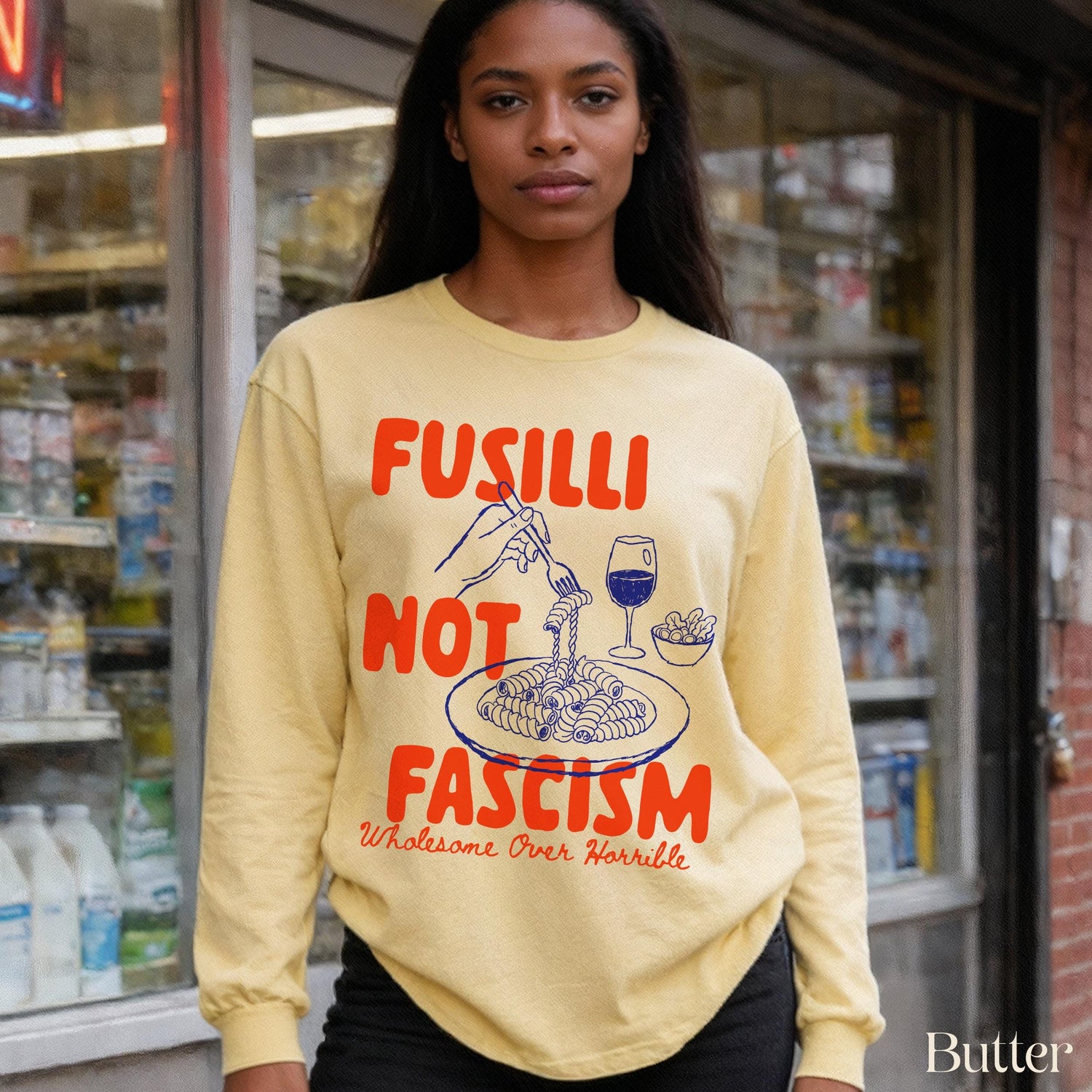 Cream long sleeve shirt with &amp;quot;Fusilli Not Fascism&amp;quot; graphic.