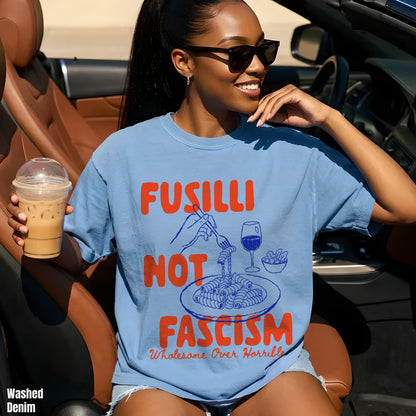 Light blue t-shirt with text &amp;quot;FUSILLI NOT FASCISM&amp;quot; and a pasta graphic.