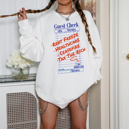 White sweatshirt with blue guest check print listing &amp;quot;Rent Freeze&amp;quot;, &amp;quot;Healthcare&amp;quot;, etc.