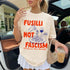 Cream t-shirt with "Fusilli Not Fascism" and pasta graphics.