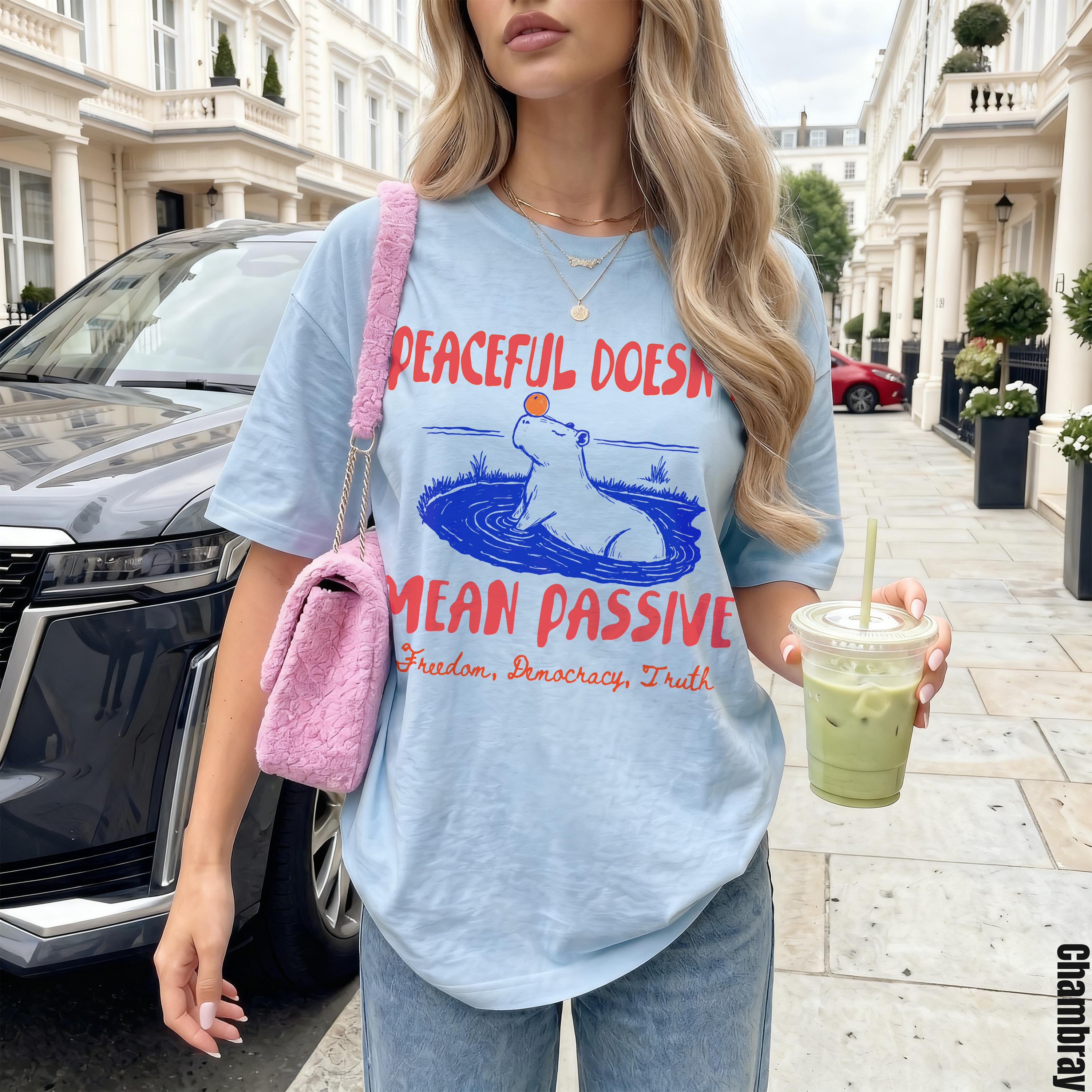 Light blue t-shirt with &amp;quot;Peaceful Doesn&amp;