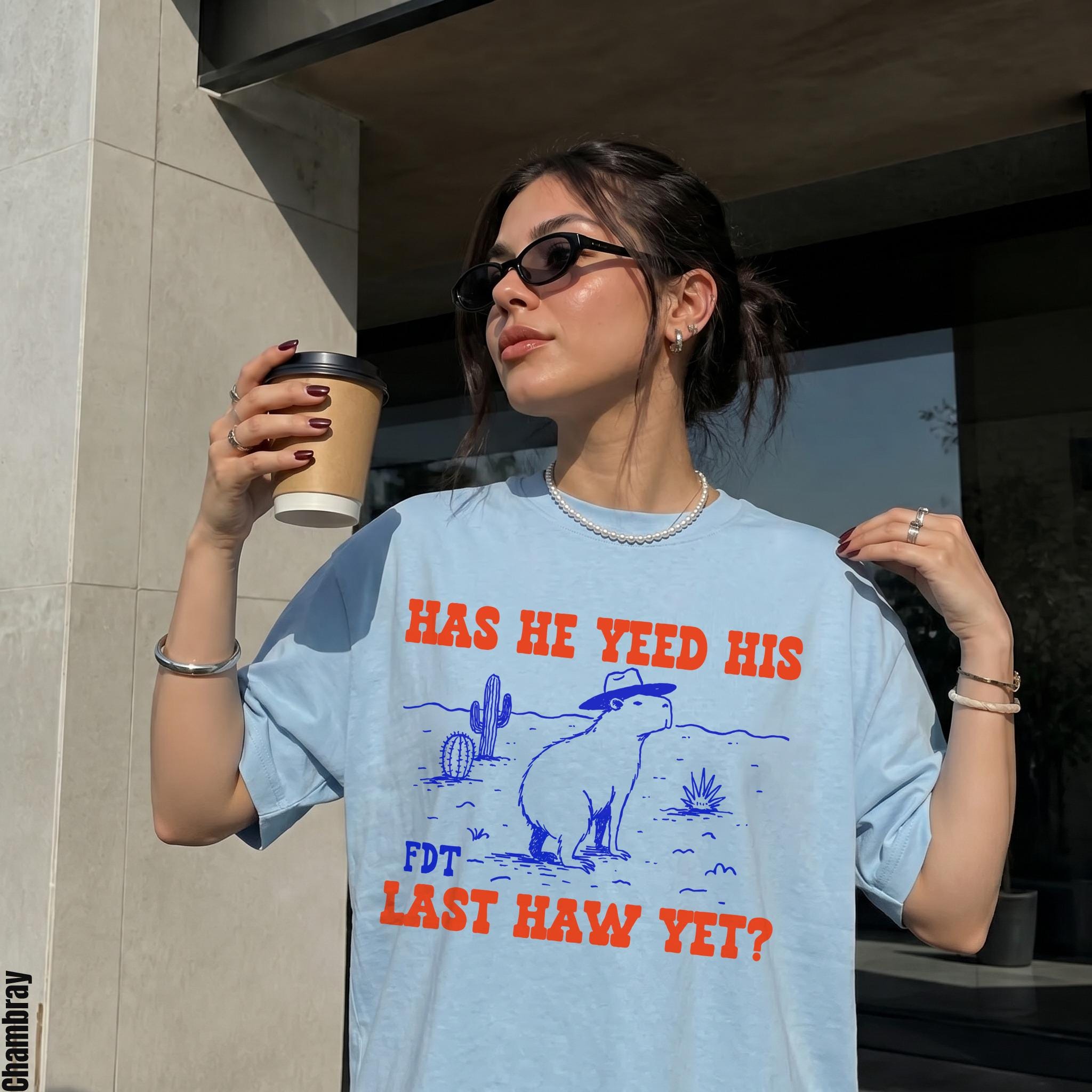 Light blue t-shirt with orange text and blue capybara graphic.