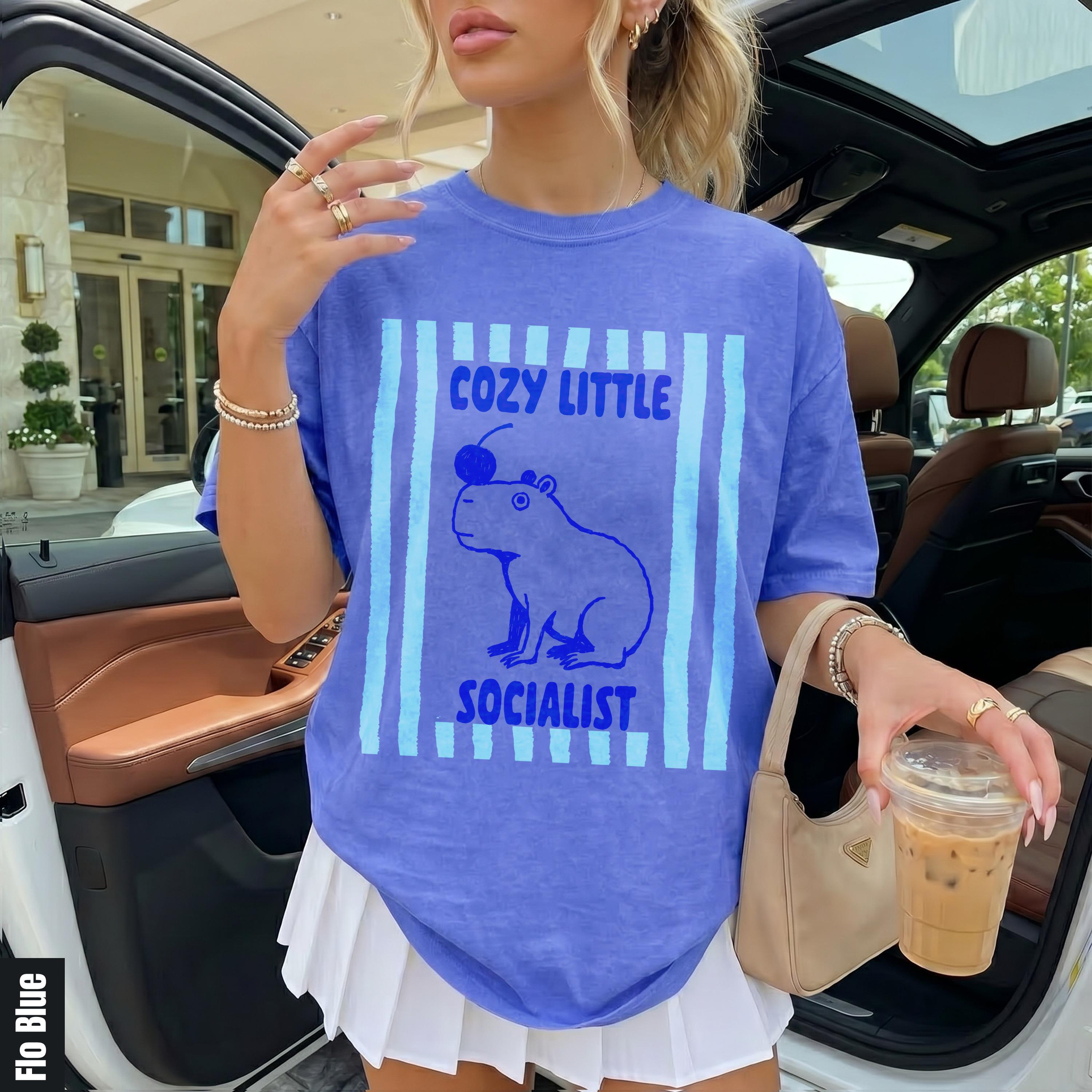 Blue t-shirt with &amp;quot;Cozy Little Socialist&amp;quot; text and capybara graphic.