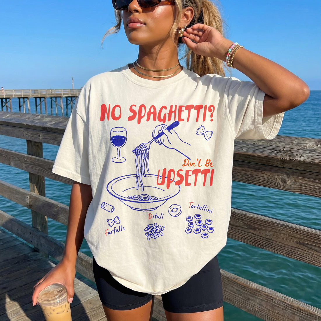 Cream t-shirt with graphic reading &amp;quot;NO SPAGHETTI? Don&amp;