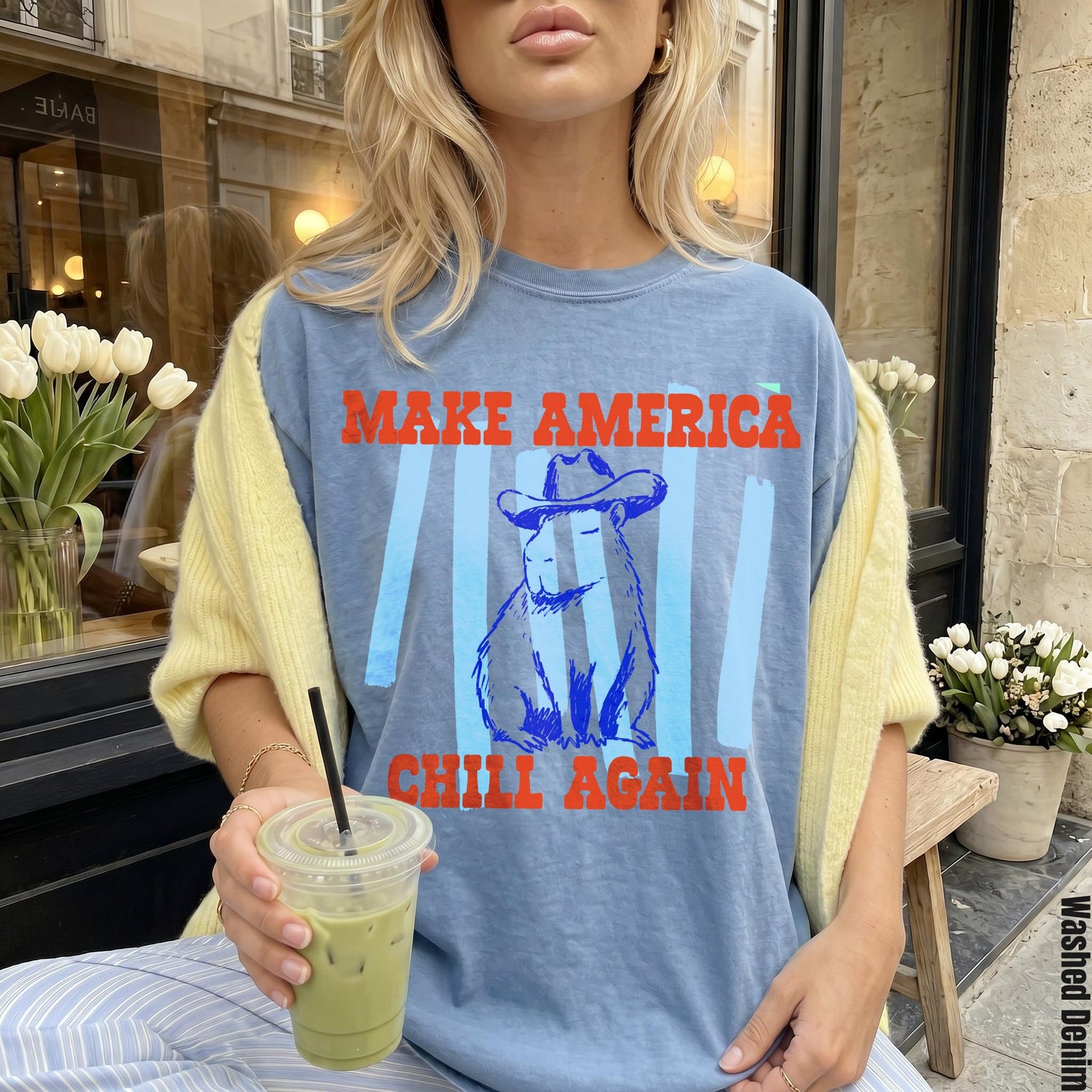 Funny Capybara T-Shirt - Make America Chill Again Cowboy Hat Progressive Liberal Anti Trump Tee Shirt