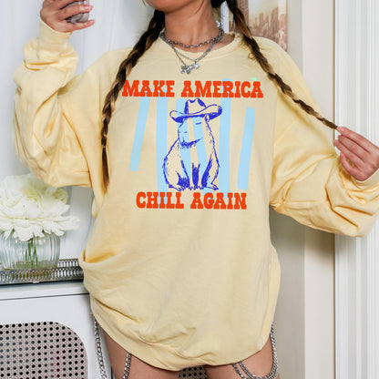 Funny Capybara T-Shirt - Make America Chill Again Cowboy Hat Progressive Liberal Anti Trump Tee Shirt