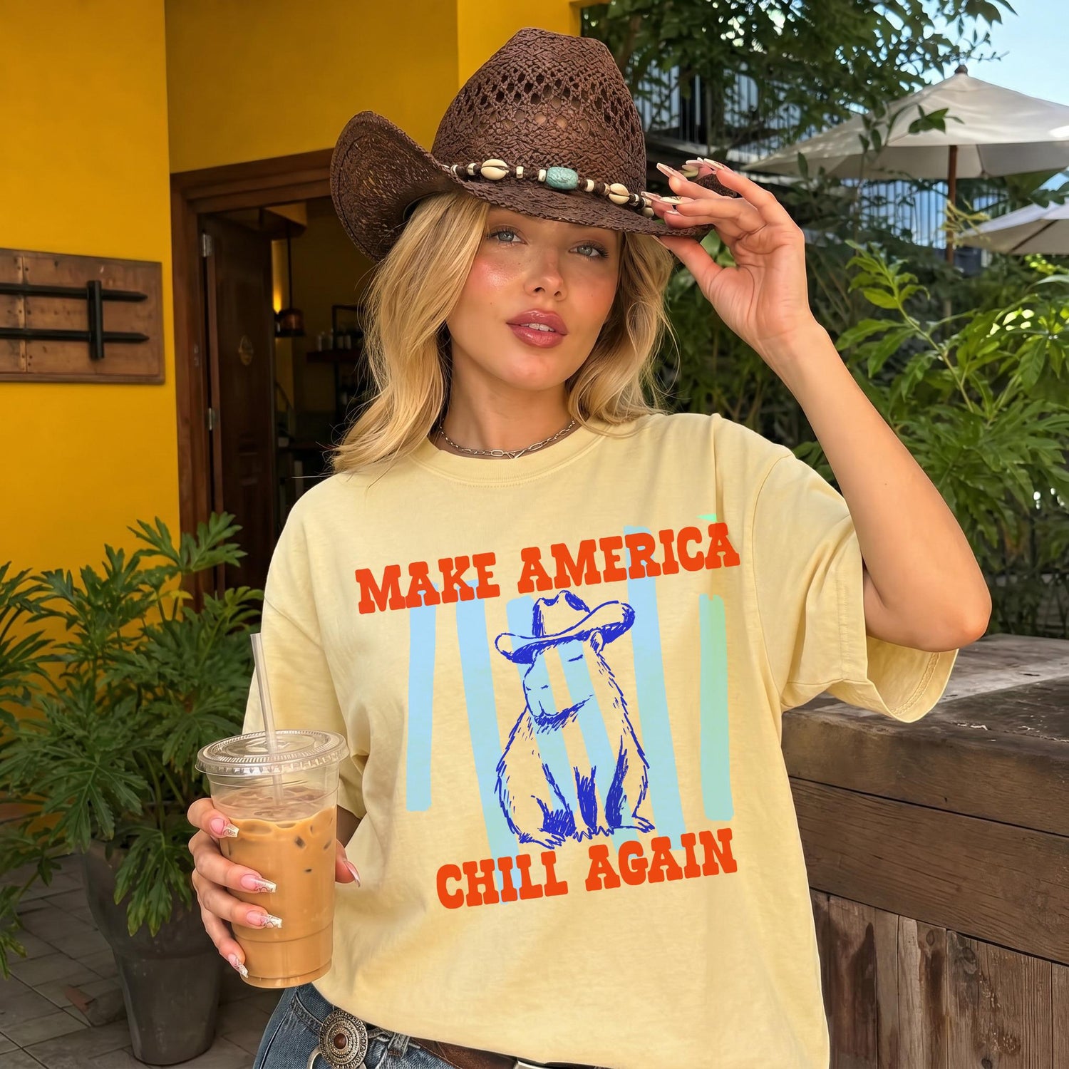 Funny Capybara T-Shirt - Make America Chill Again Cowboy Hat Progressive Liberal Anti Trump Tee Shirt